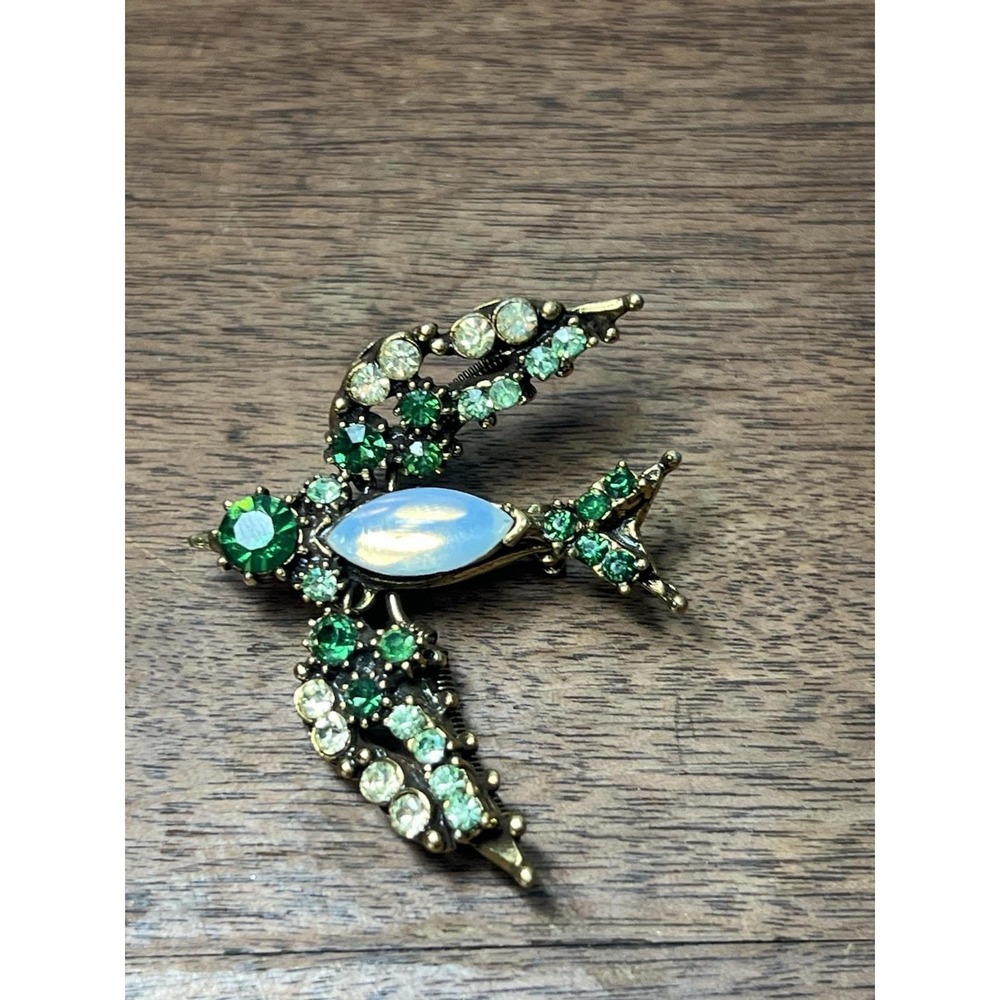 Vtg Florenza Brooch Bird Green Uranium Glass Mirrored Cabochons Jewelry Core Mcm